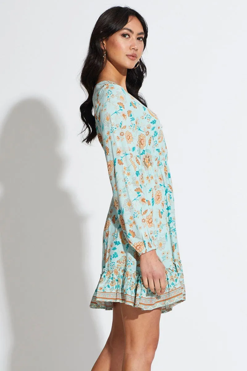 Boho Print Mini Dress Long Sleeve V Neck Skin Feel