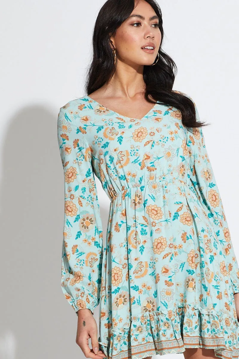 Adjustable Waistband Layered silhouette Boho Print Mini Dress Long Sleeve V Neck