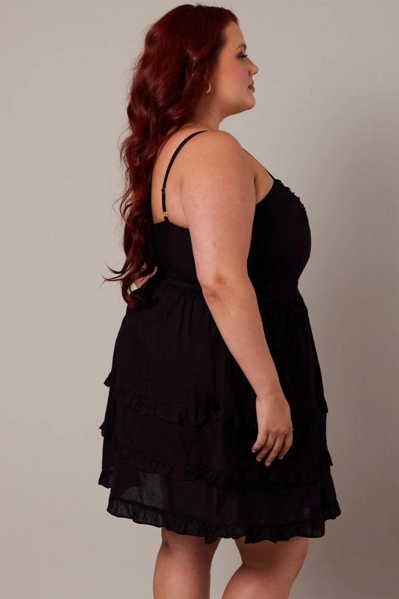 Black Frill Hem Strappy Mini Dress Flash Vibe