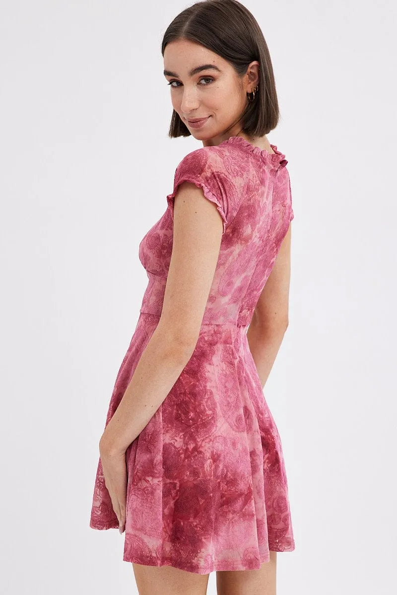 Red Paisley Mini Dress Short Sleeve Scoop Neck Fit & Flare Vibrant color