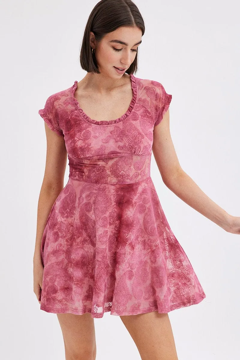 Quick Dry Technology Vibrant Fashion Red Paisley Mini Dress Short Sleeve Scoop Neck Fit & Flare