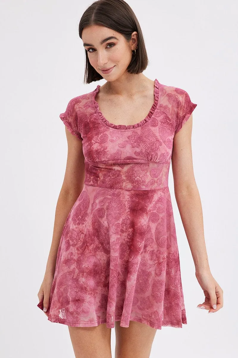 Red Paisley Mini Dress Short Sleeve Scoop Neck Fit & Flare Trendy Wearable Energy Wear