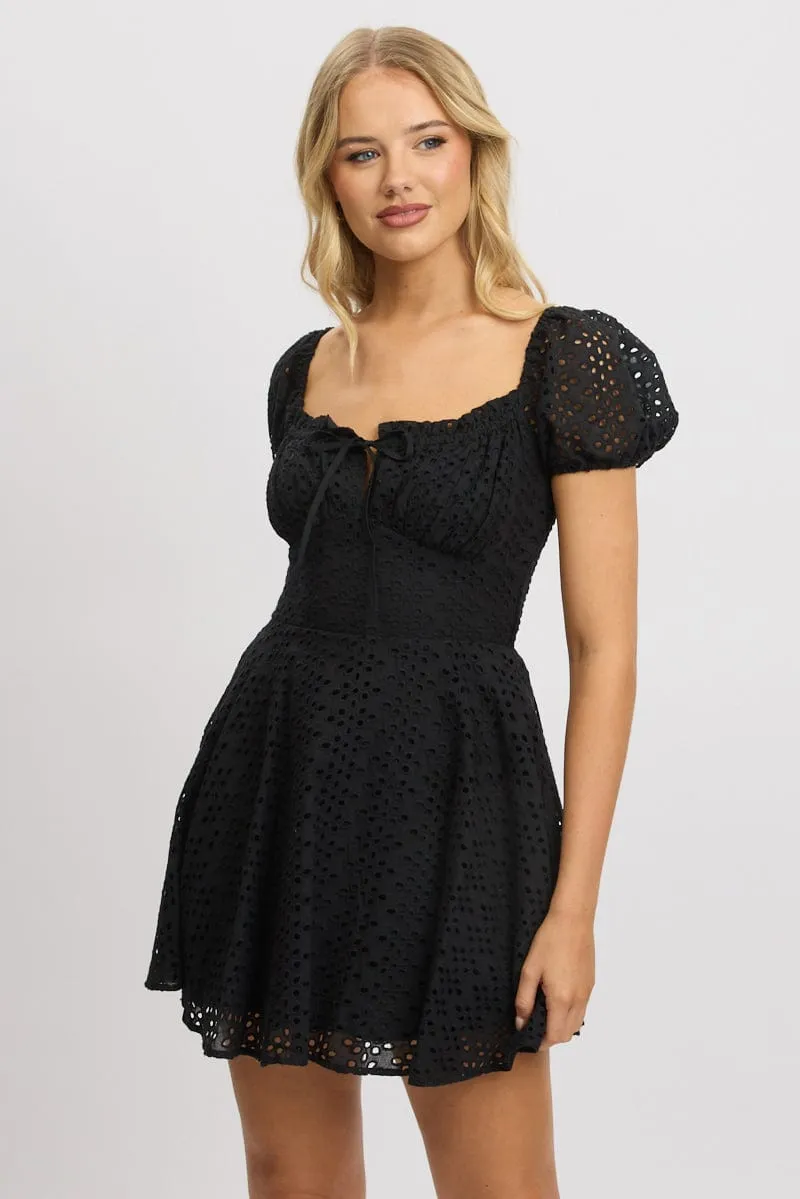 Trendy Wearable Black Fit And Flare Dress Mini Eyelet Fabric