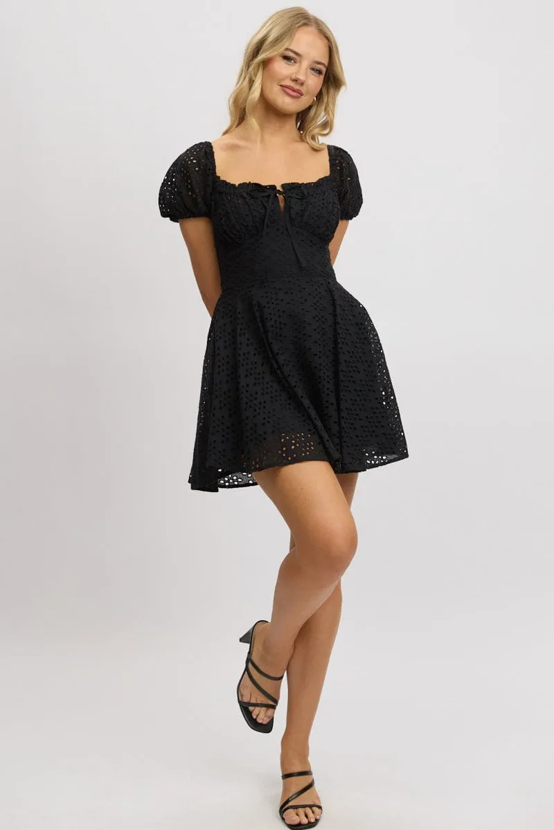 Shine Mode Charming Look Black Fit And Flare Dress Mini Eyelet Fabric