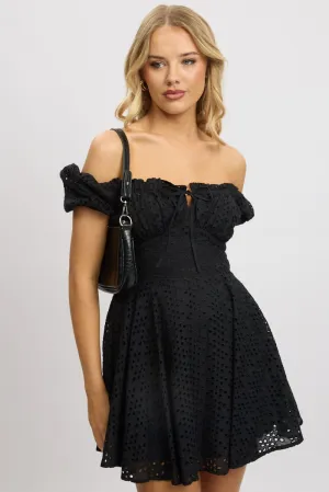Timeless Fashion Bold statement dress Black Fit And Flare Dress Mini Eyelet Fabric