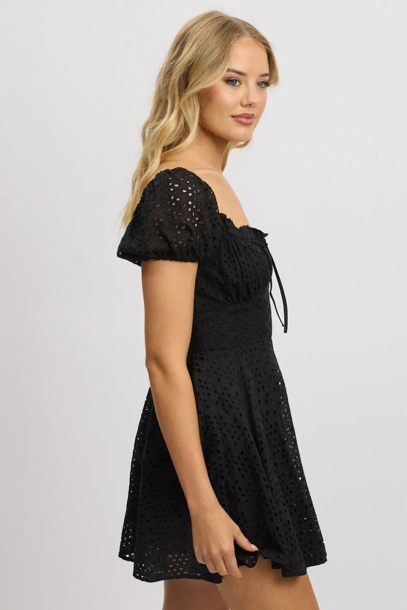 Cozy Design Black Fit And Flare Dress Mini Eyelet Fabric