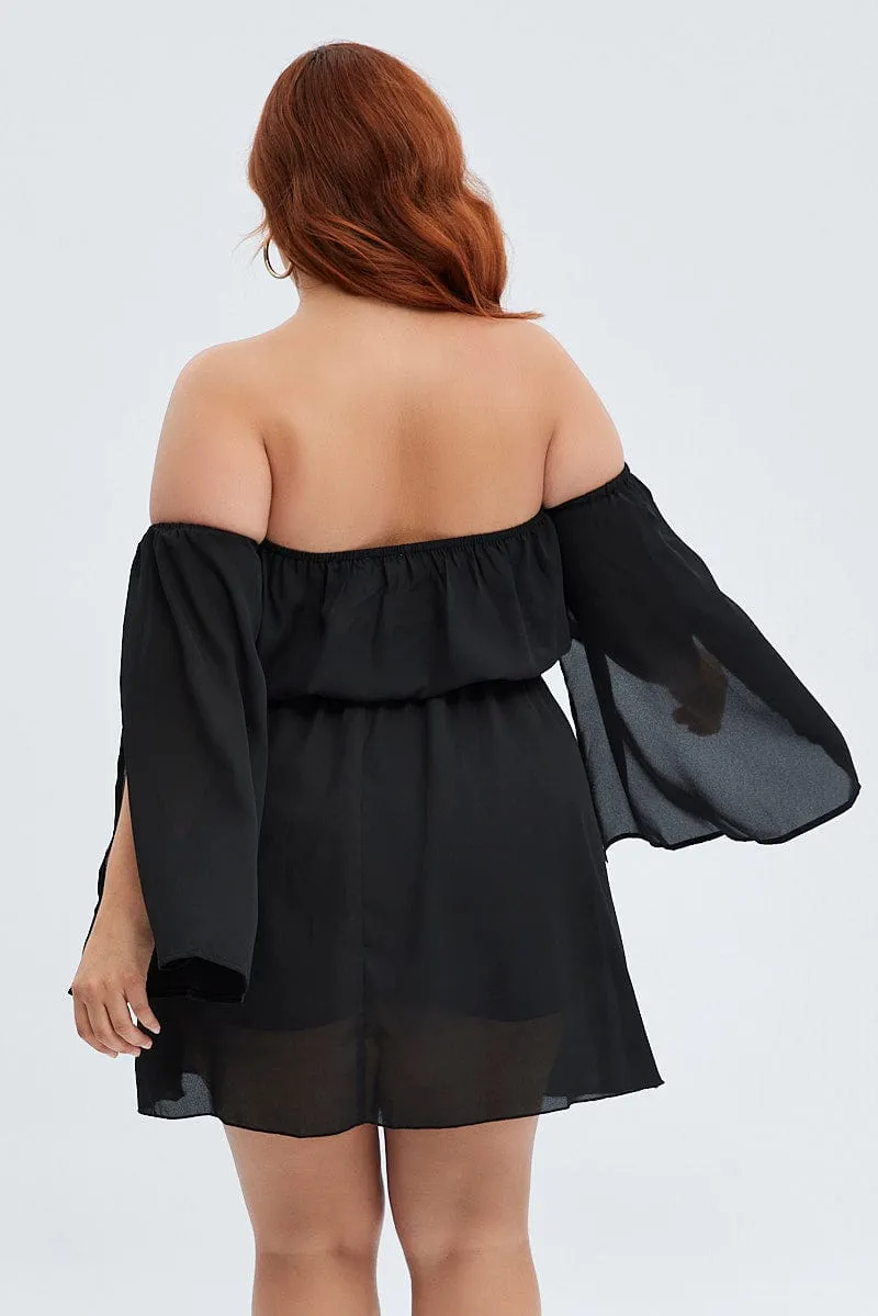 Night Sparkle Minimal Seam Black Mini Dress Off Shoulder Elastic Waist