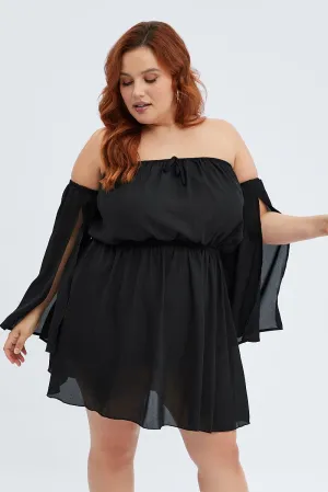Youthful Appeal Black Mini Dress Off Shoulder Elastic Waist
