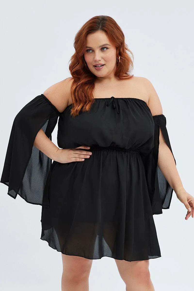 Black Mini Dress Off Shoulder Elastic Waist Shift Style
