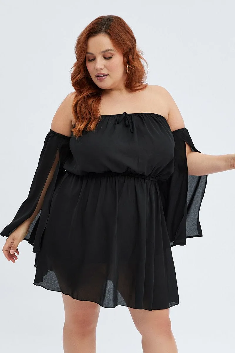 Youthful Appeal Black Mini Dress Off Shoulder Elastic Waist