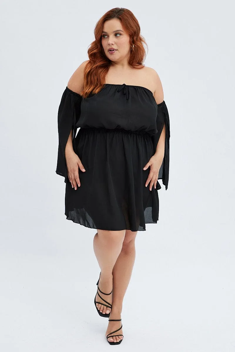 Black Mini Dress Off Shoulder Elastic Waist Bohemian Design