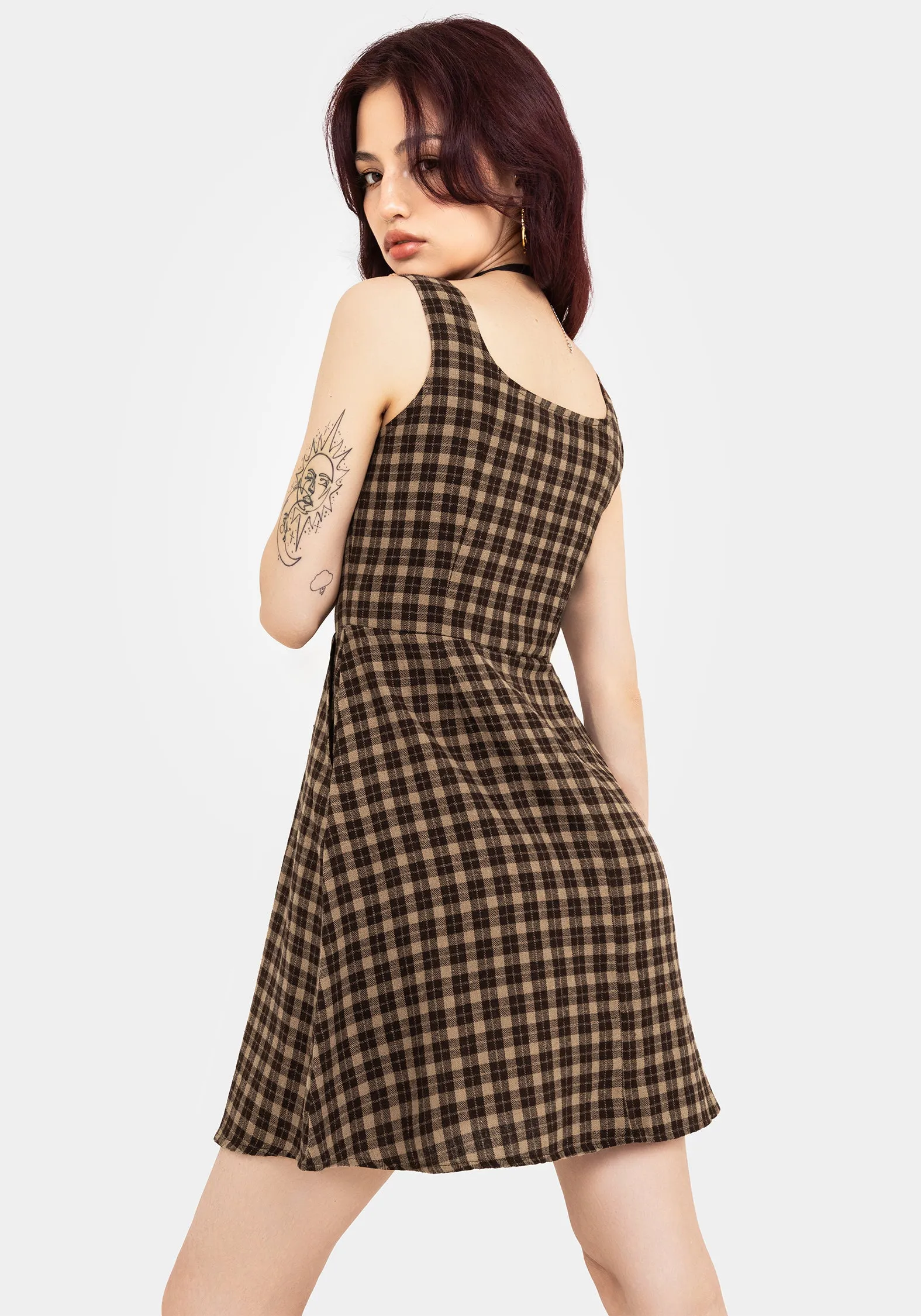 Tear Resistant Weave Overlapping Panel Design Terra Cotton Check Sleeveless Button Up Mini Dress - Brown