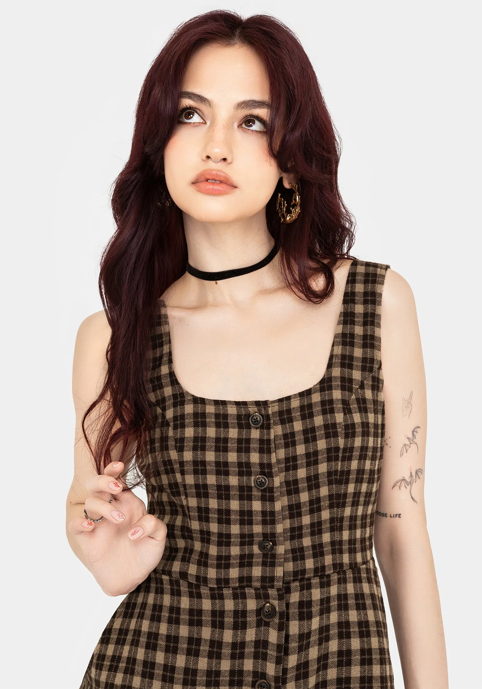 Sassy Pop Terra Cotton Check Sleeveless Button Up Mini Dress - Brown