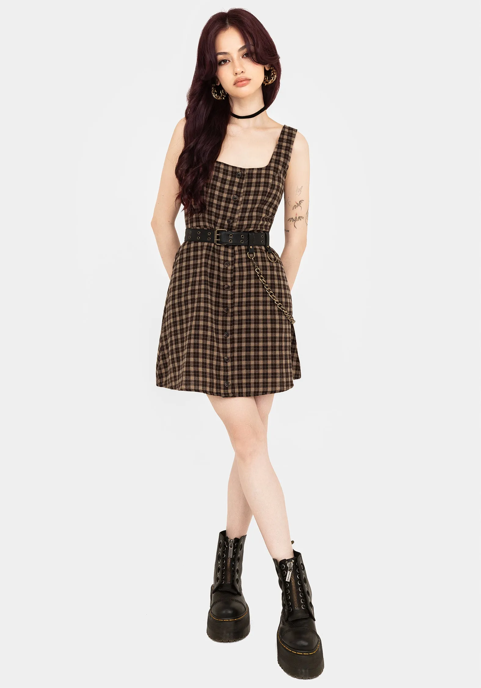 Versatile Look Terra Cotton Check Sleeveless Button Up Mini Dress - Brown