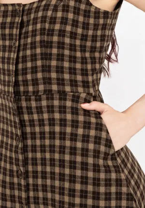 Star Warm Terra Cotton Check Sleeveless Button Up Mini Dress - Brown