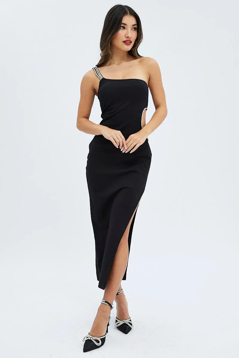 Black One Shoulder Diamonte Trim Cut Out Maxi Dress Metal Shine Urban Cool