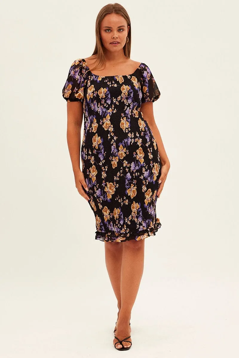 Black Floral Bodycon Dress Short Sleeve Off Shoulder Shirred Temple Way