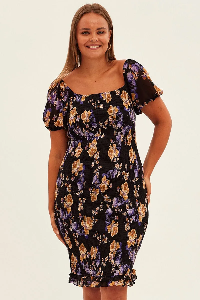 Black Floral Bodycon Dress Short Sleeve Off Shoulder Shirred Frost Light family gathering