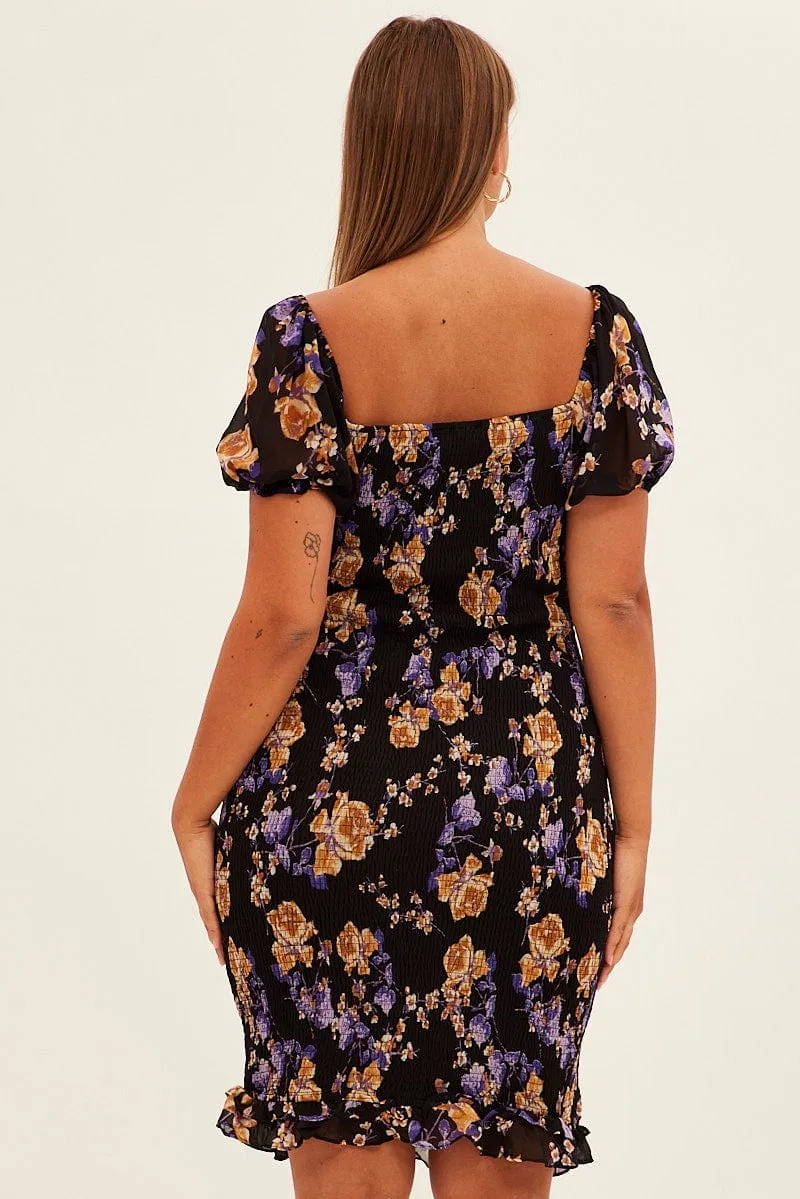 Black Floral Bodycon Dress Short Sleeve Off Shoulder Shirred Sleek Silhouette Office To Out