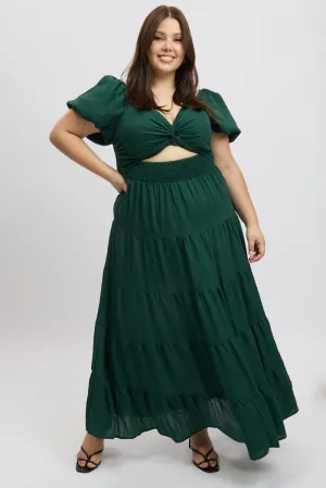 Effortless chic dress Space Glow Green Maxi Dress Short Sleeve Twist Front