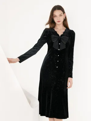 Winter Layering V-Neck Detachable Bowknot Velvet Midi Dress