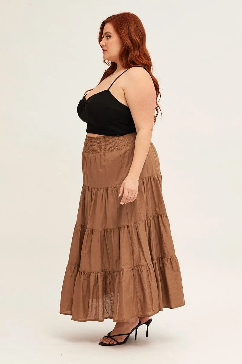 Midi length Easy Fashion Brown Maxi Skirt Cotton Blend Tie