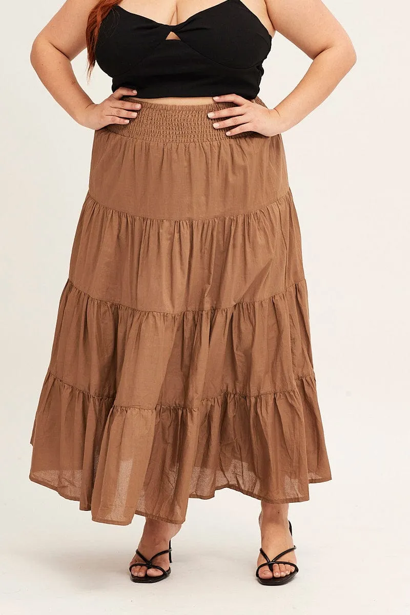 Functional Fashion gentle style Brown Maxi Skirt Cotton Blend Tie