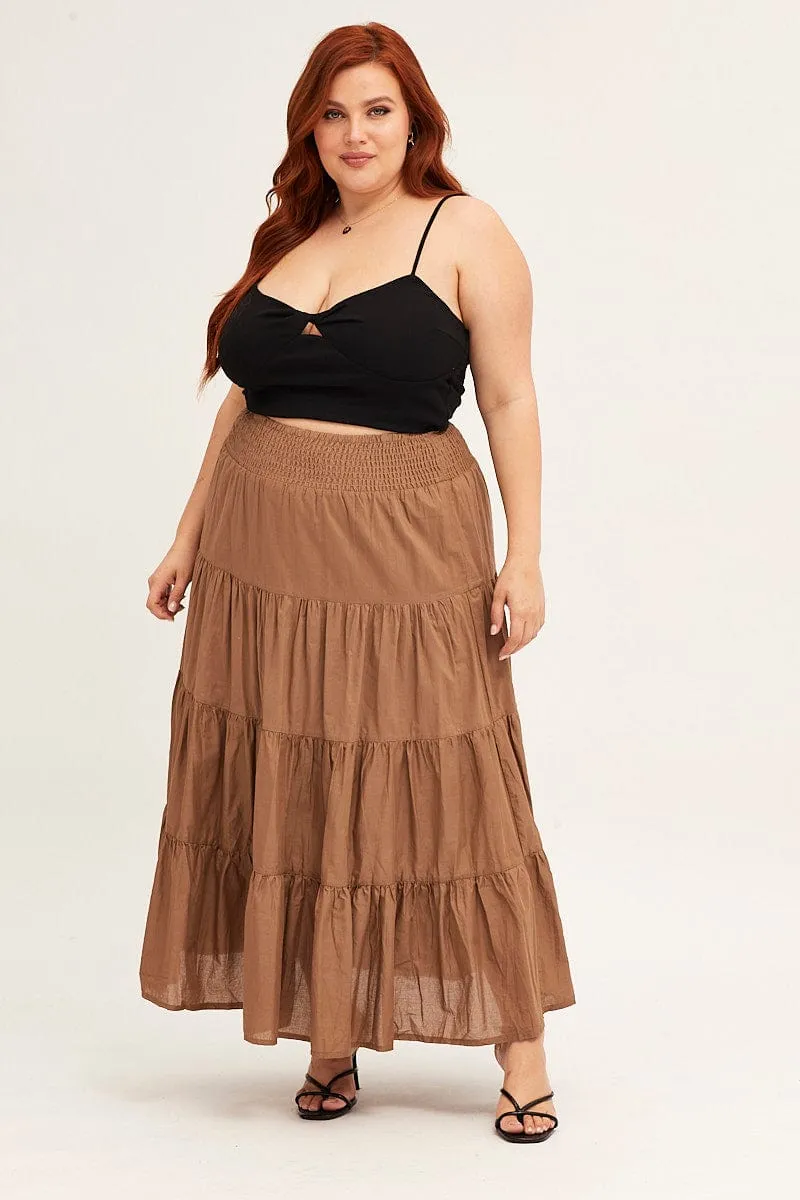 Sustainable Brown Maxi Skirt Cotton Blend Tie