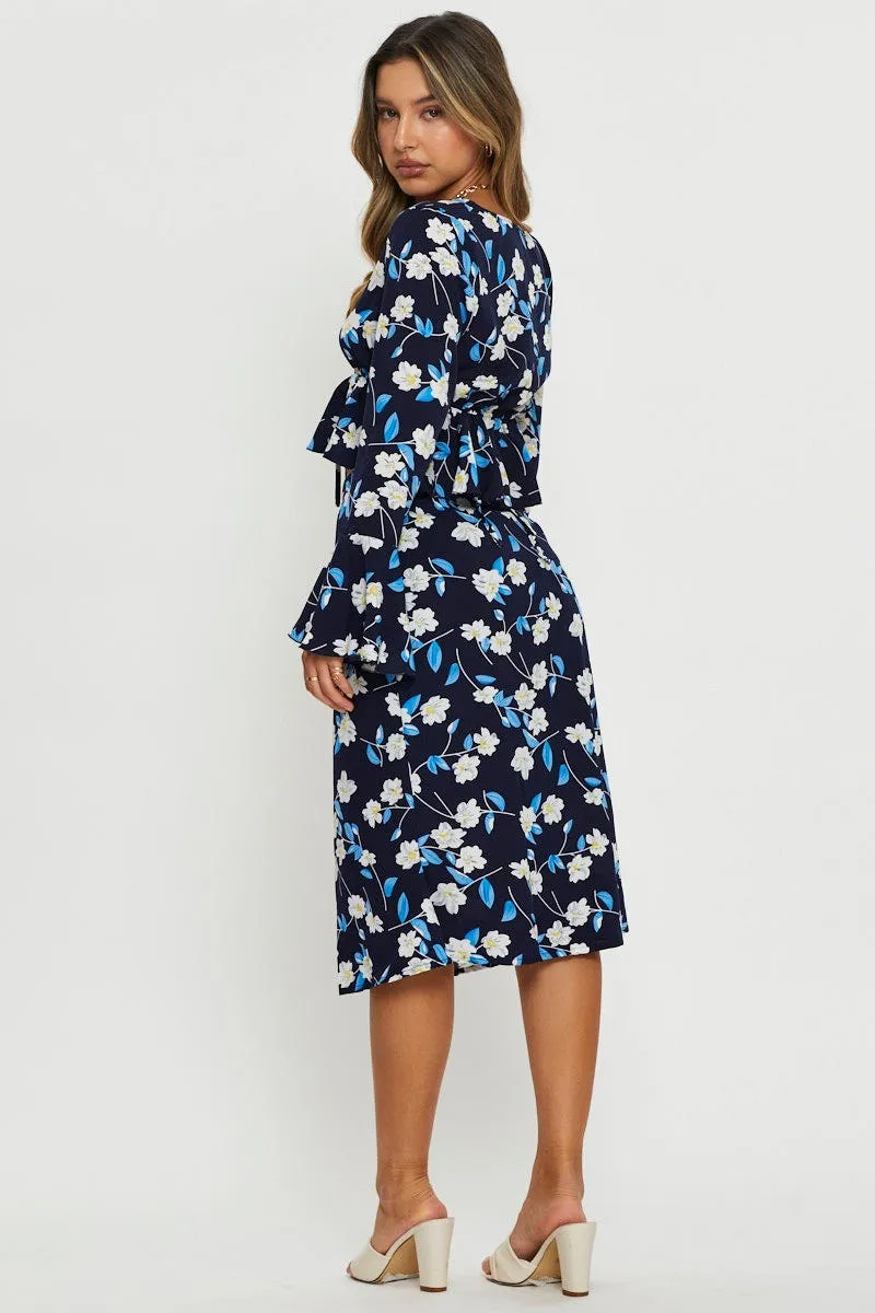 Print Midi Skirt Tie Waist Smart Casual Contrast Stitching