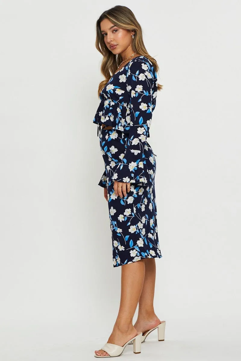Neat Fit Bold Mood Print Midi Skirt Tie Waist