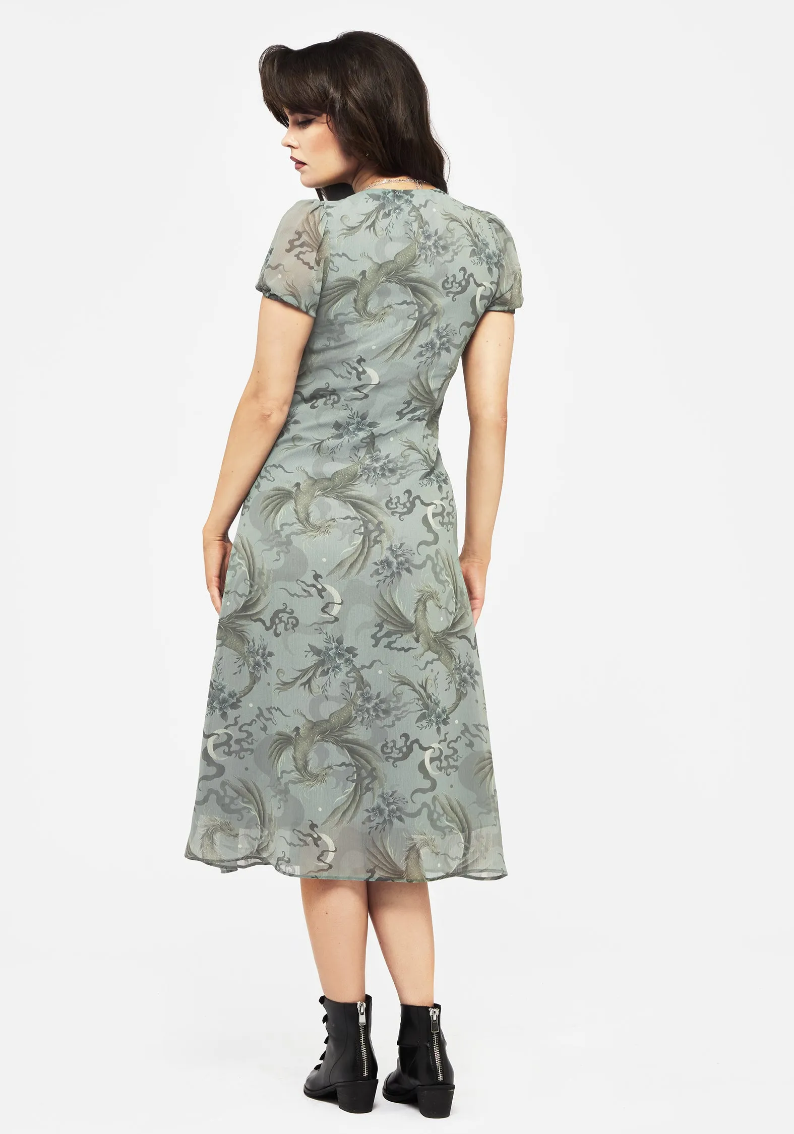 Cloud Light Contemporary Fashion Sapphira Dragon Print Chiffon Button Up Midi Dress