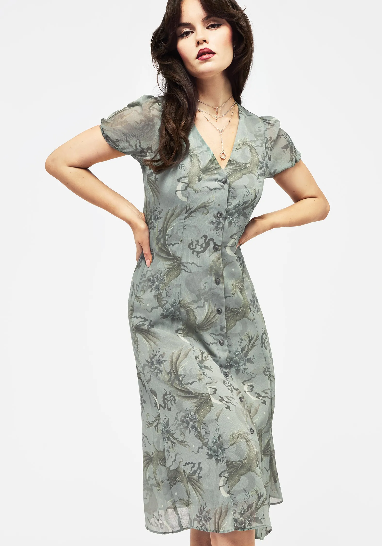 Sapphira Dragon Print Chiffon Button Up Midi Dress Breezy and lightweight midi