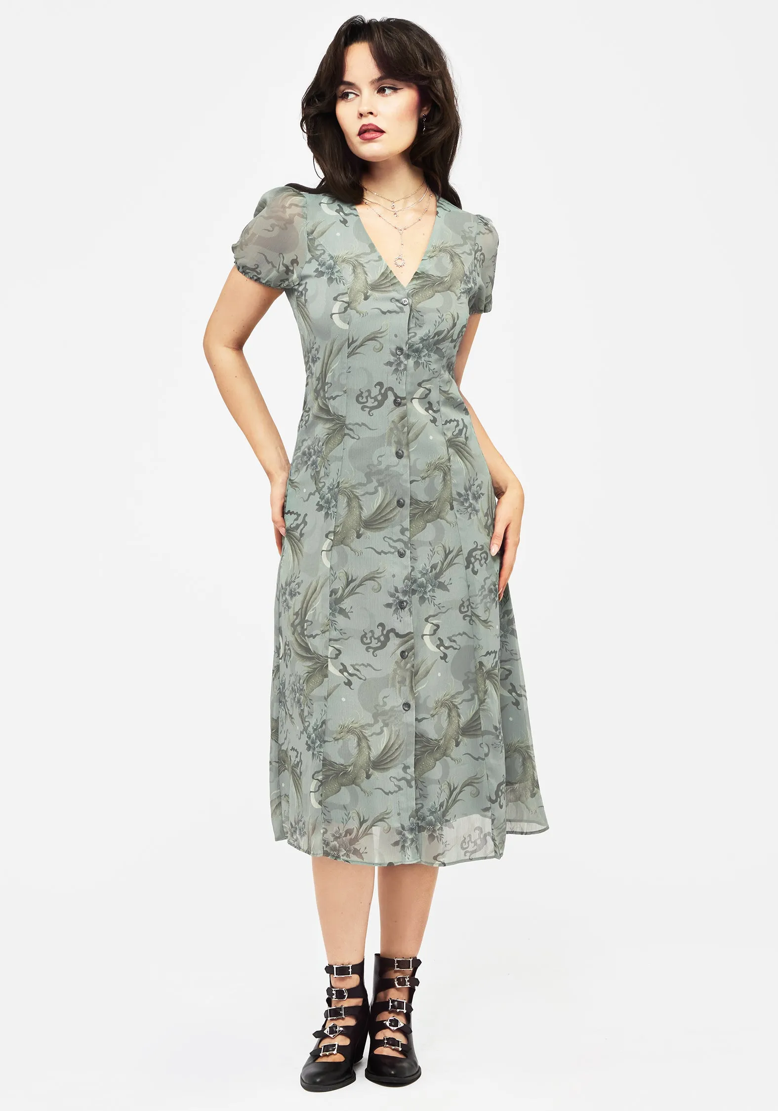 Sapphira Dragon Print Chiffon Button Up Midi Dress Summer Picnic