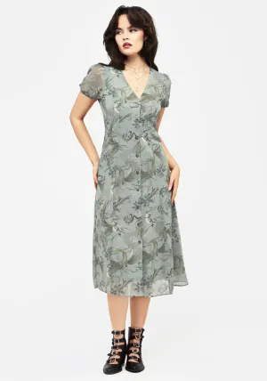Sapphira Dragon Print Chiffon Button Up Midi Dress Summer Picnic