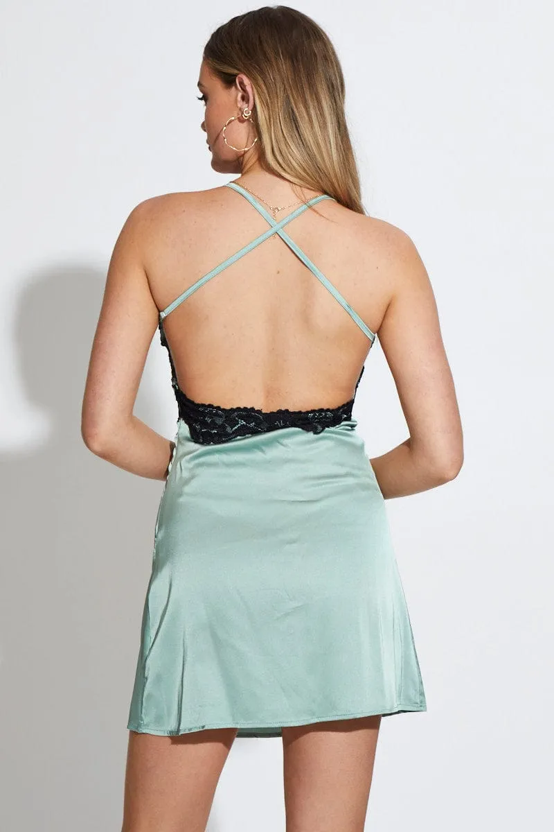Floral Prints Wear Floral Wear Green Slip Dress Mini Satin