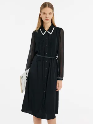 22 Momme Mulberry Silk Contrast Trim Women Midi Dress With Belt Light Dance