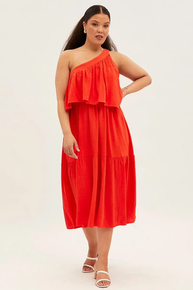 Red Midi Dress One Shoulder Frill Linen Blend Bamboo Path Classic event dress