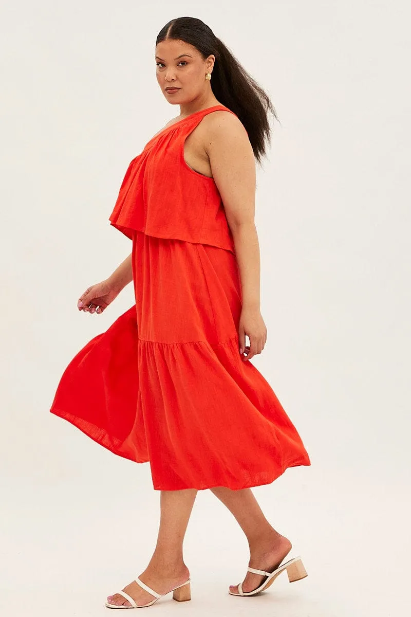 Red Midi Dress One Shoulder Frill Linen Blend Court Yard Comfortable Design