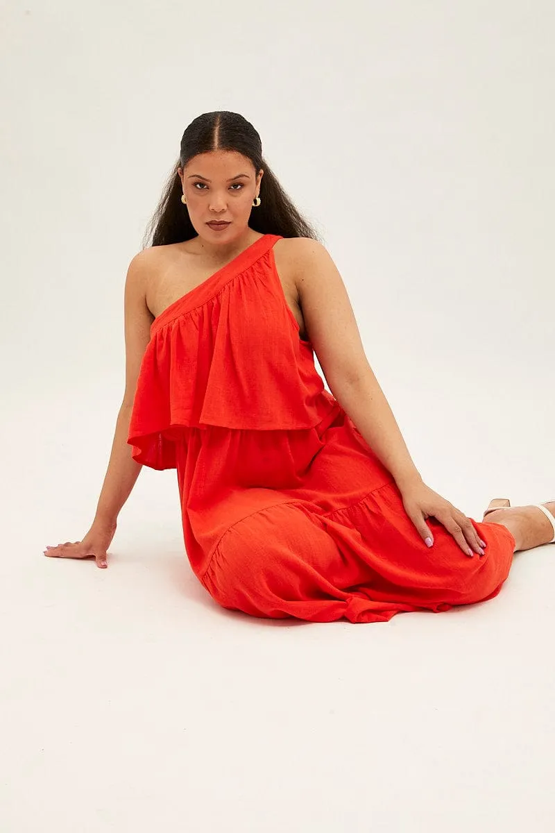 Red Midi Dress One Shoulder Frill Linen Blend Go Light Feminine Vibe
