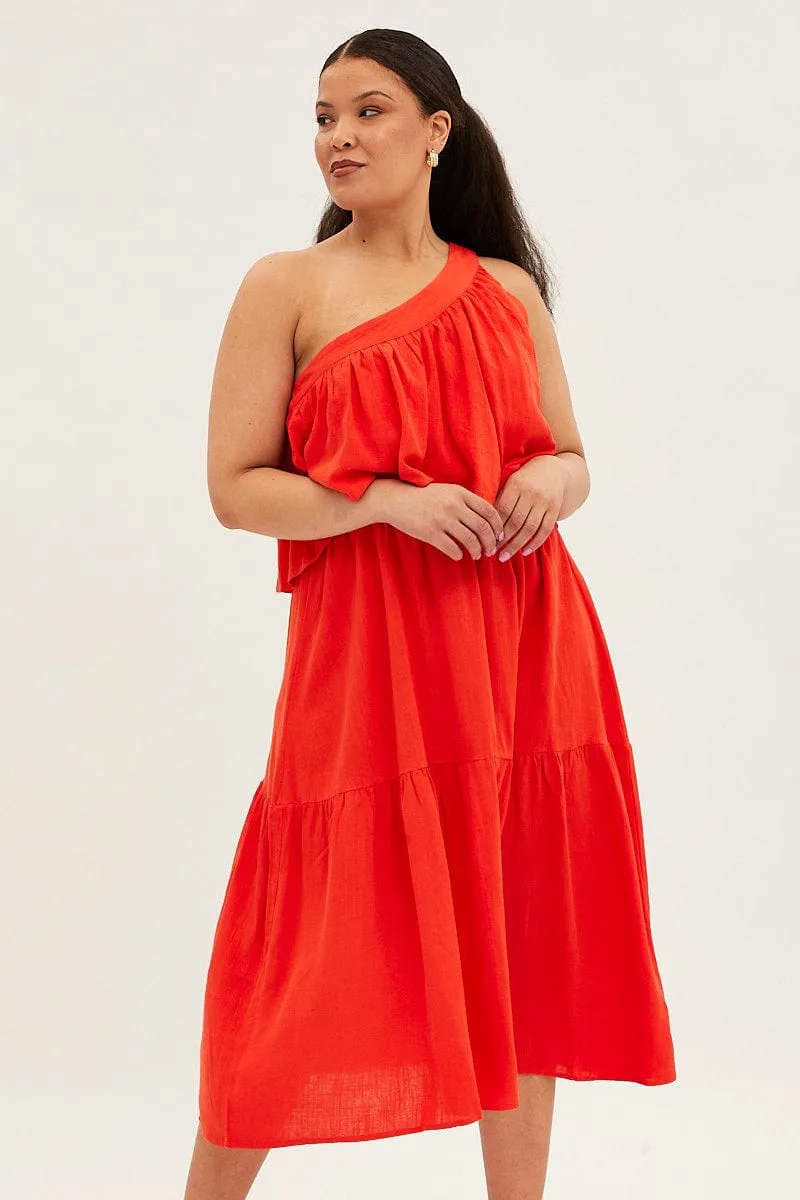 Red Midi Dress One Shoulder Frill Linen Blend Platinum Shine Film Night