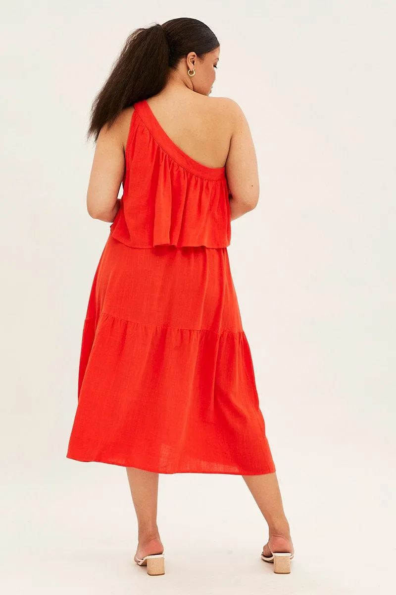 Wave Sound Red Midi Dress One Shoulder Frill Linen Blend