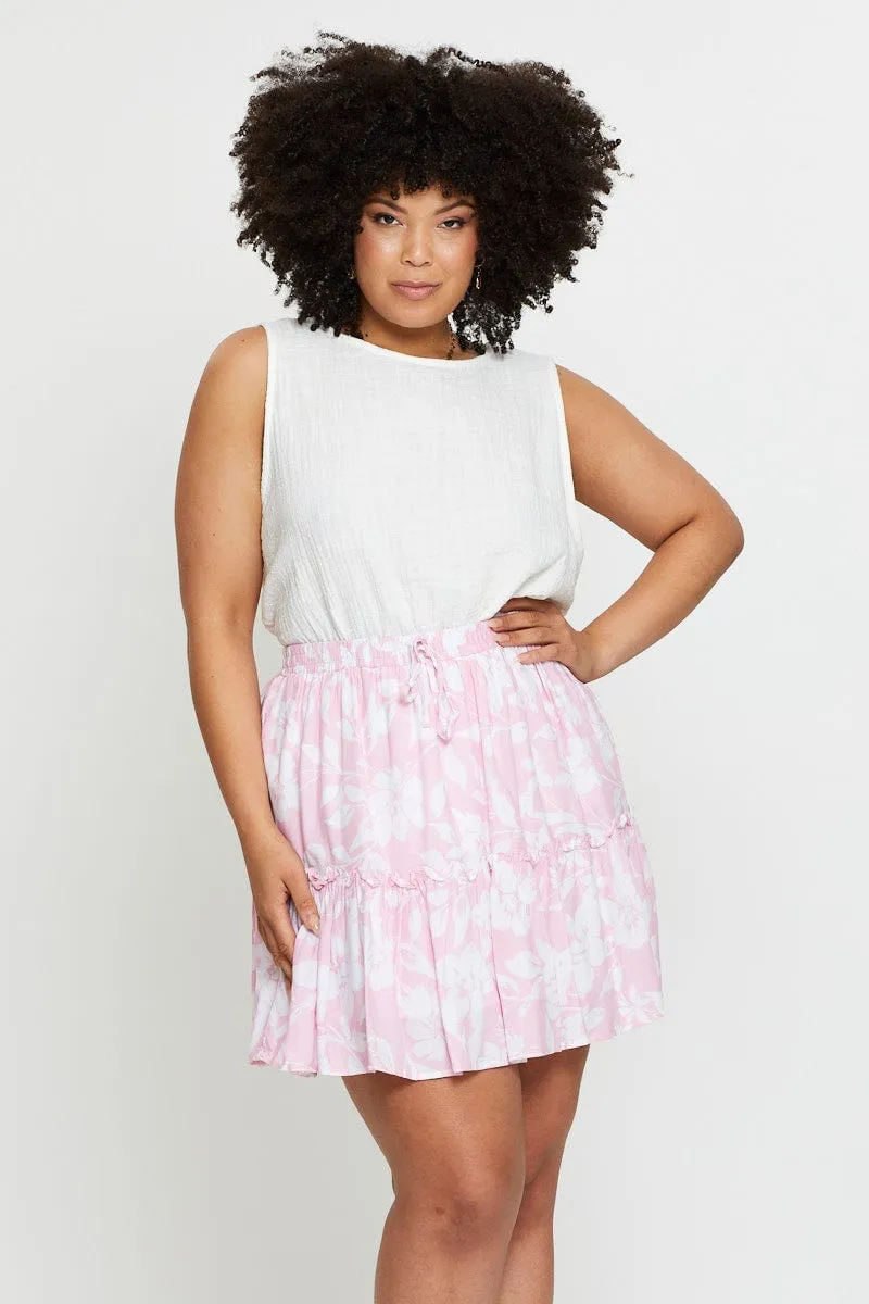 Easy Layer Sheer Overlay Floral Print Mini Skater Skirt Elastic Waist