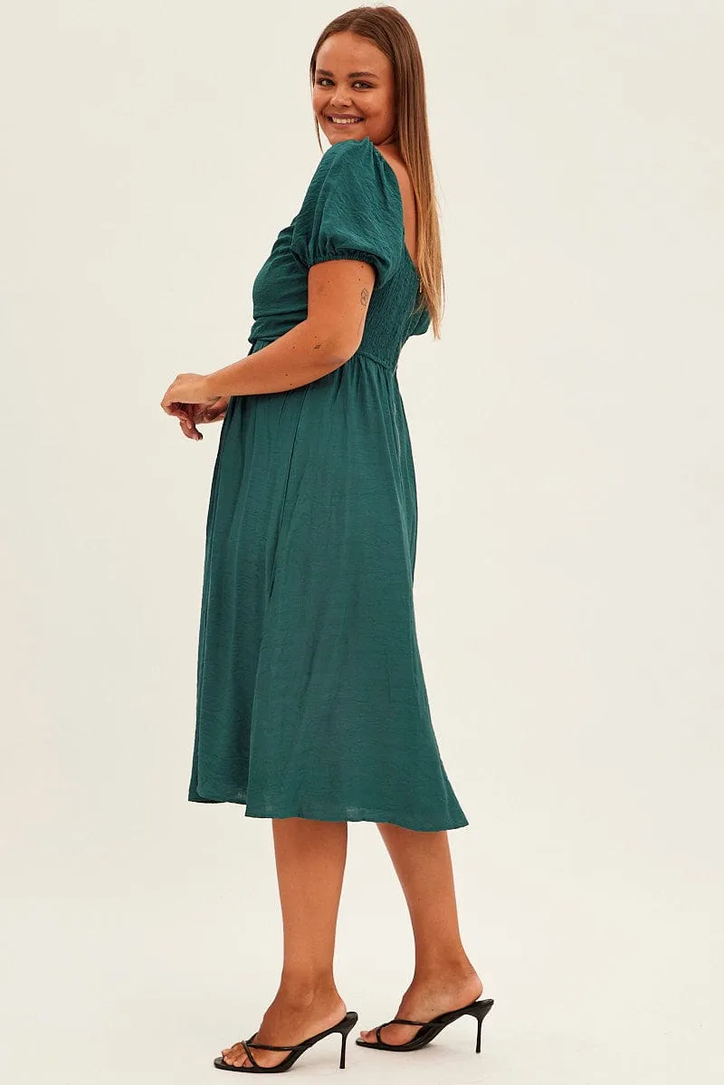 Green Midi Dress Puff Sleeve Square Neck Lined Textured Trendy casual event dress Drizzle Sky