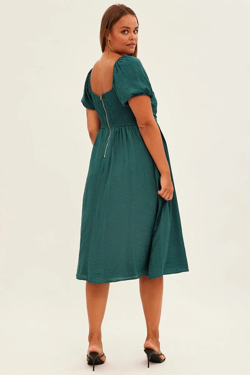 Casual Comfort Green Midi Dress Puff Sleeve Square Neck Lined Textured