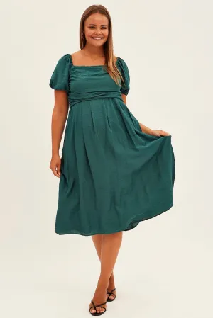 Green Midi Dress Puff Sleeve Square Neck Lined Textured Work Ready