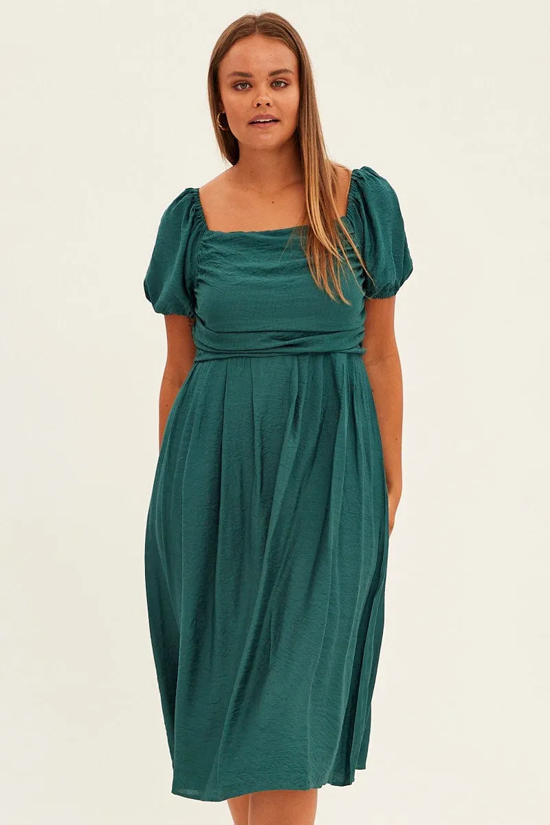Frost Light Green Midi Dress Puff Sleeve Square Neck Lined Textured