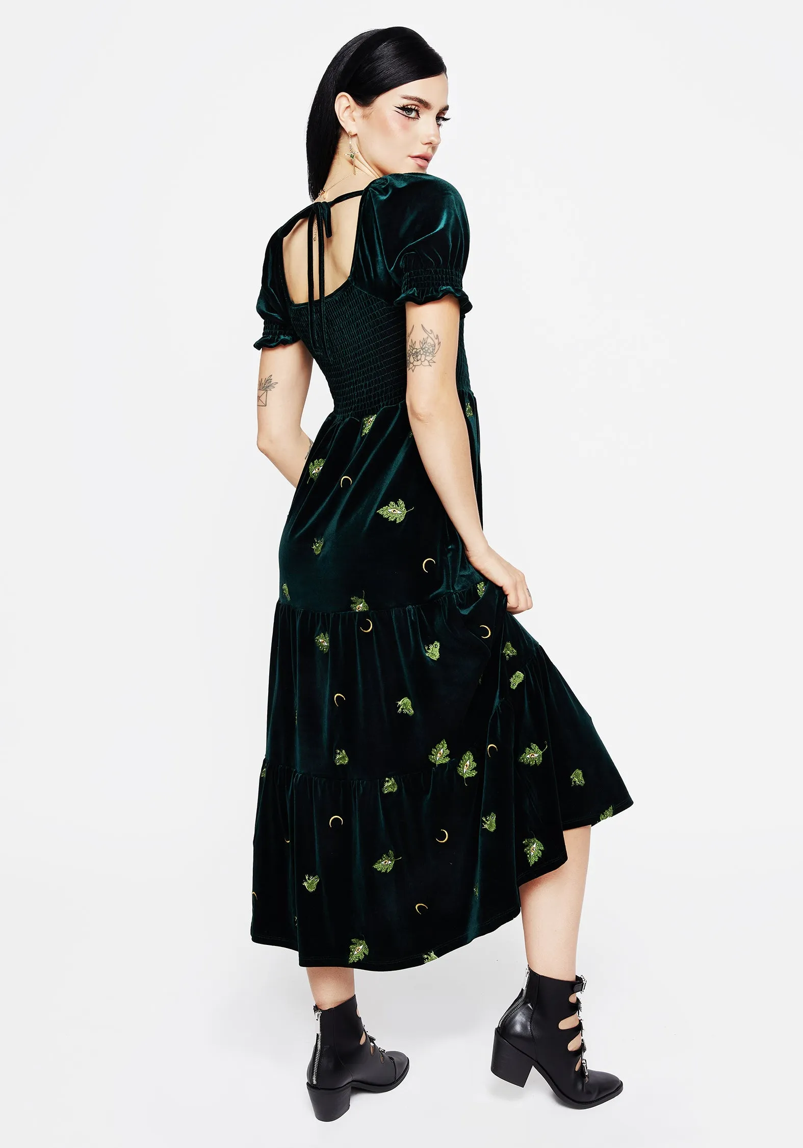 Swamplife Frog Embroidered Velour Tiered Midi Dress Wearable Art