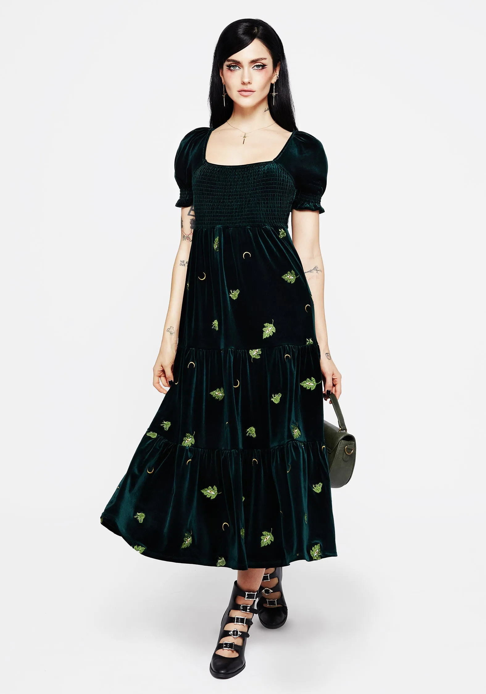 Chic For Work Swamplife Frog Embroidered Velour Tiered Midi Dress