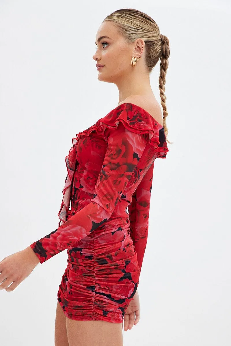 Red Floral Mini Skirt Side Ruched Mid Rise Mesh Knee Length