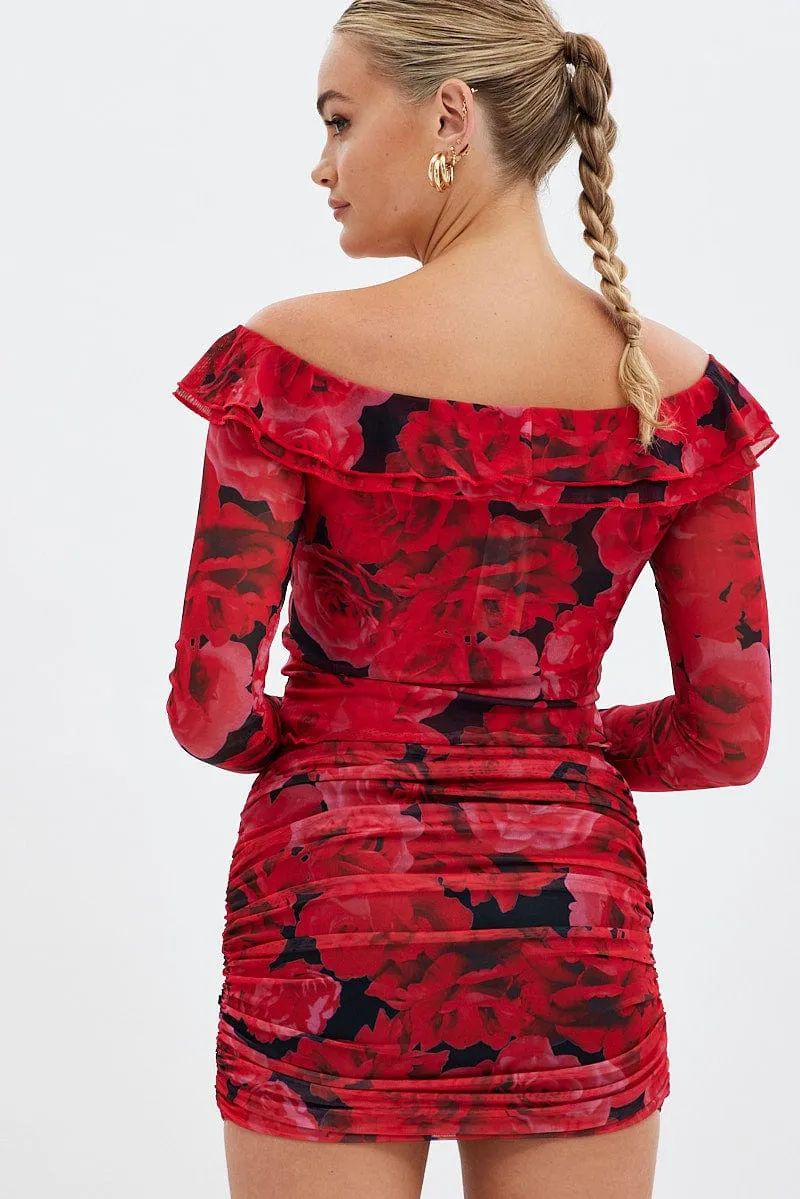 Red Floral Mini Skirt Side Ruched Mid Rise Mesh Everyday Line Geometric Print